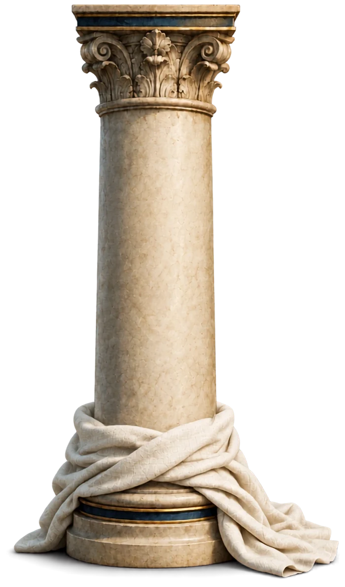 Colonne dont le drapé glisse à sa base — le pilier Authenticité